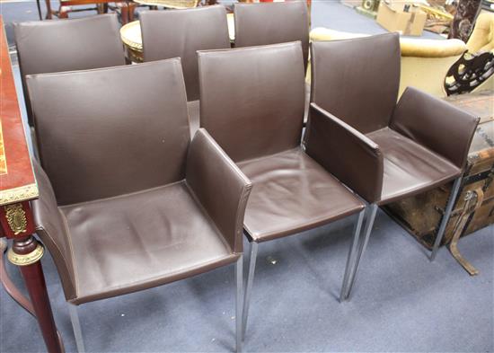 A set of six contemporary brown leather dining chairs